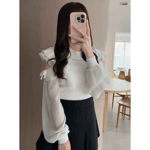 Sakura Sister Японский вязаный шифоновый топ с жемчужным вырезом и открытыми плечами, элегантный темпераментный эластичный тканый топ