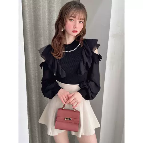 Sakura Sister Японский вязаный шифоновый топ с жемчужным вырезом и открытыми плечами, элегантный темпераментный эластичный тканый топ