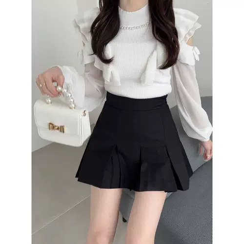 Sakura Sister Японский вязаный шифоновый топ с жемчужным вырезом и открытыми плечами, элегантный темпераментный эластичный тканый топ