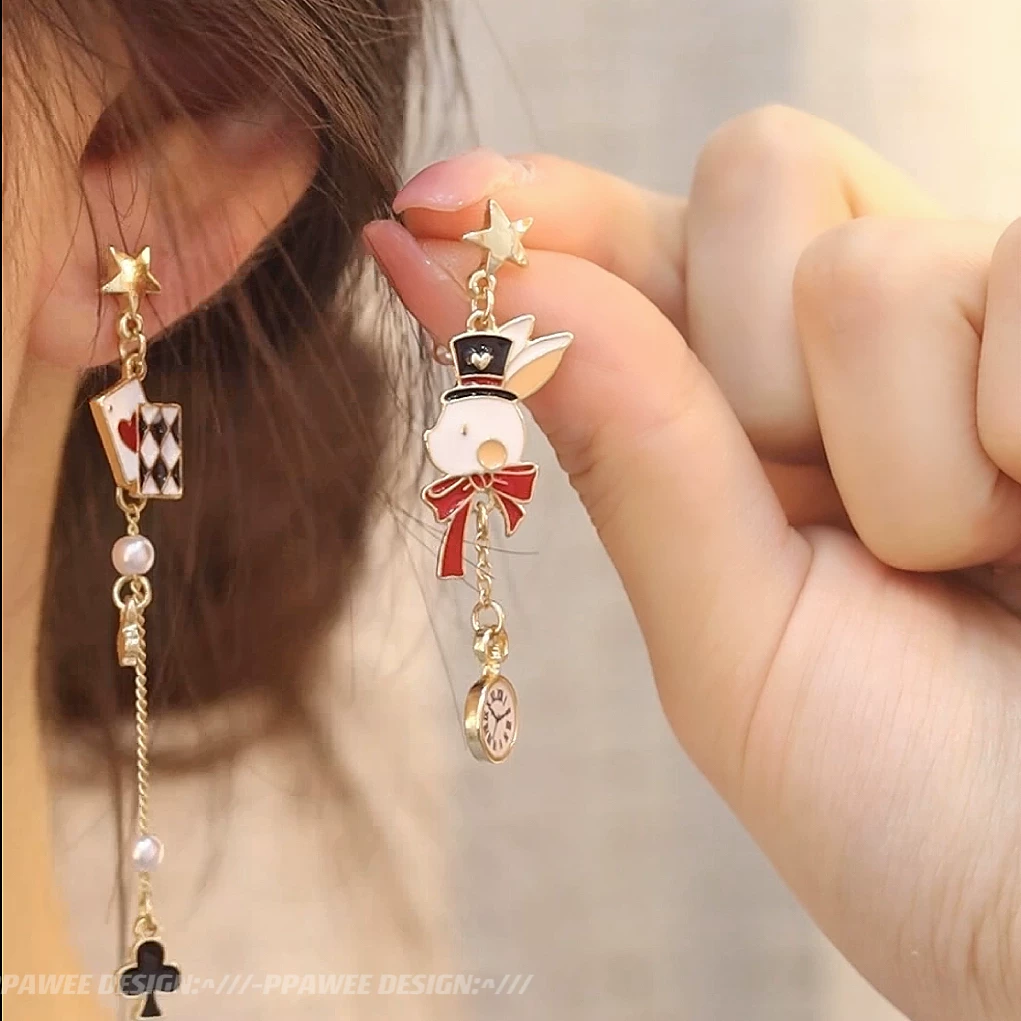 Earrings, asymmetrical rabbit with tassels, cute ear clips