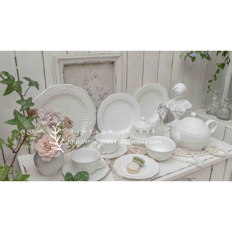 Export baroque pattern retro relief white ceramic afternoon tea black tea set coffee cup pot cake plate