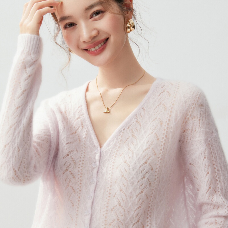 Hemline 75% Cashmere 25% Mulberry Silk Knitted Cardigan for Women, V-Neck Crochet Hollow Knit Thin Sweater Jacket Hemline 75% Cashmere 25% Mulberry Silk Knitted Cardigan for Women, V-Neck Crochet Hollow Knit Thin Sweater Jacket