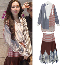 My little couple Guo Bi Ting with the same spring and summer new plaid striped stitching shirt skirt two-piece dress female