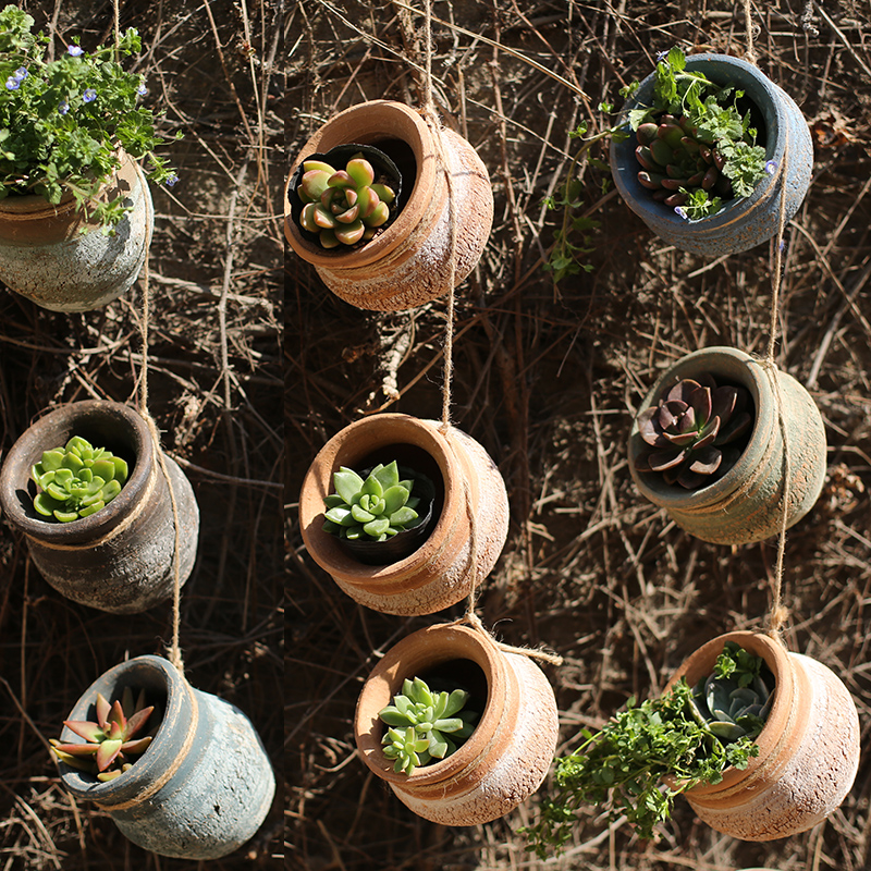 Hemp rope wall hanging retro succulent old pile plant rough pottery living room breathable pottery pot pottery pot pottery pot clearing soil pottery pot