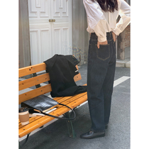 5siss Korean tie 100 lap pure cotton comfort deep blue straight drum gush jeans 2021 winter high waist display slim trousers