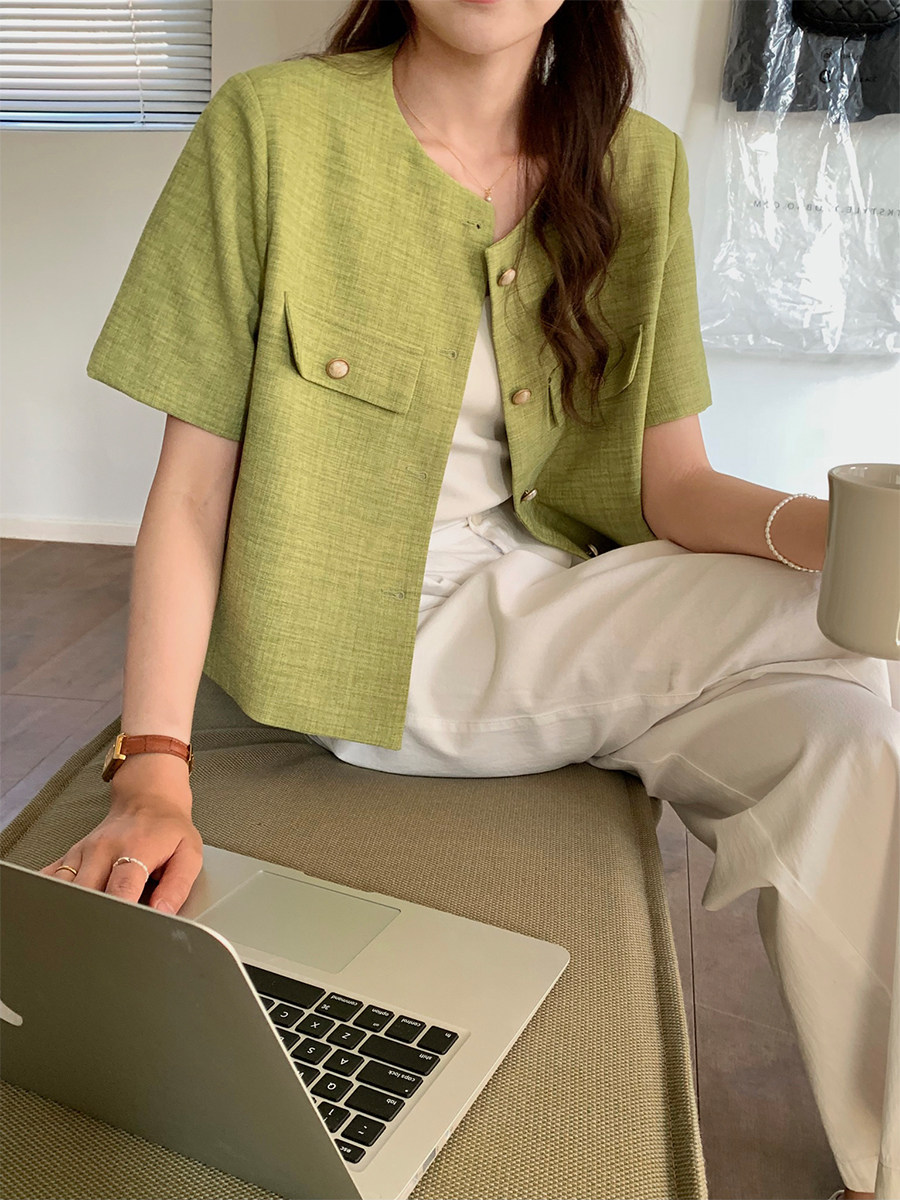 5siss high-quality fresh short-sleeved small fragrant wind jacket women's summer thin section temperament all-match round neck short top