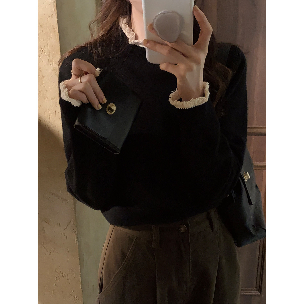 5siss Korean version of the all-match half-high collar fake two-piece knitted sweater feminine lace lace top cardigan