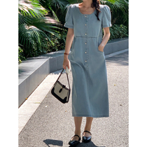 5siss Retro Bubble Sky Cowboy Dress Summer New Skin U - collar A - word skirt chic medium - long skirt