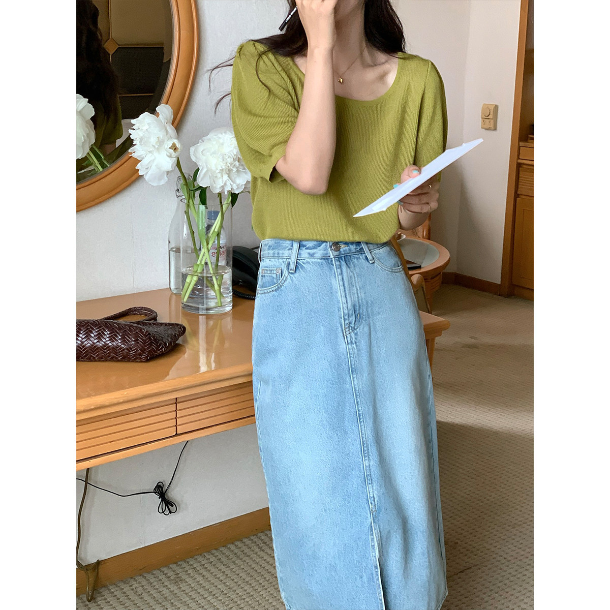 5siss solid color ice silk knitted short-sleeved T-shirt women's summer Korean style temperament puff sleeve all-match round neck thin top