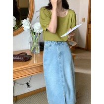 5siss pure ice wire knitted short sleeve T - shirt woman Summer Han edition bubble sleeve and round collar thin coat