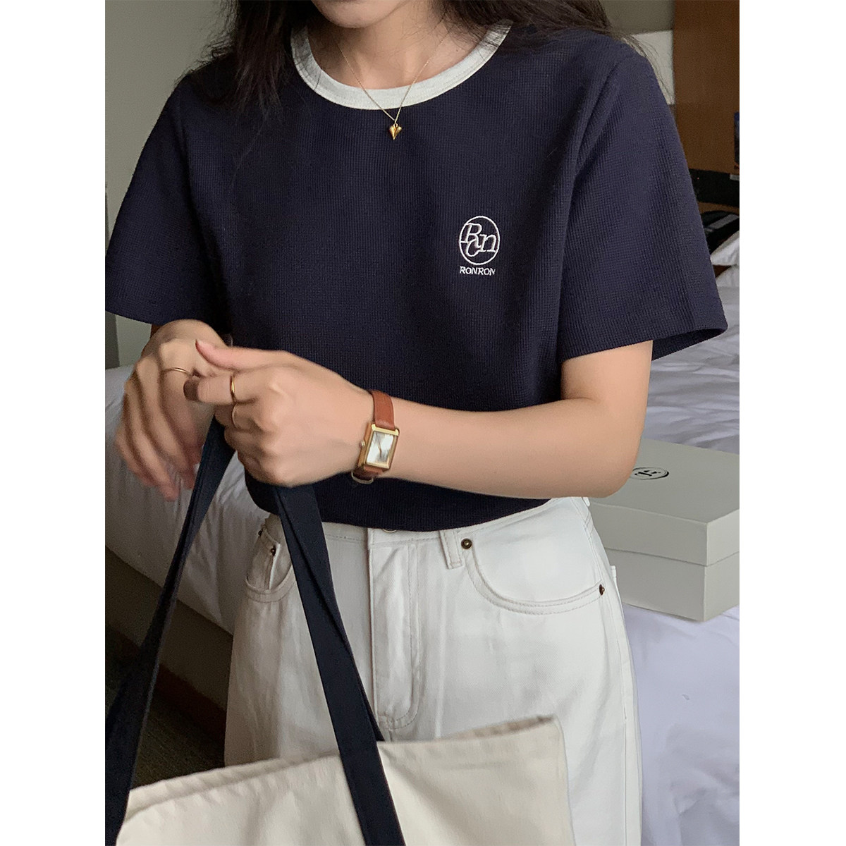 5siss waffle front shoulder short-sleeved T-shirt women's early autumn color matching round neck T-shirt casual short top bottoming shirt