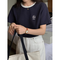 5siss Waffle Front Shoulder Short Sleeve T-Shirt Womens Early Autumn Colorblock Round Neck T-Shirt Casual Short Top Bottoming Shirt