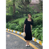 5siss black dress female retro French tie shoulder to shoulder slim bubble sleeve long skirt