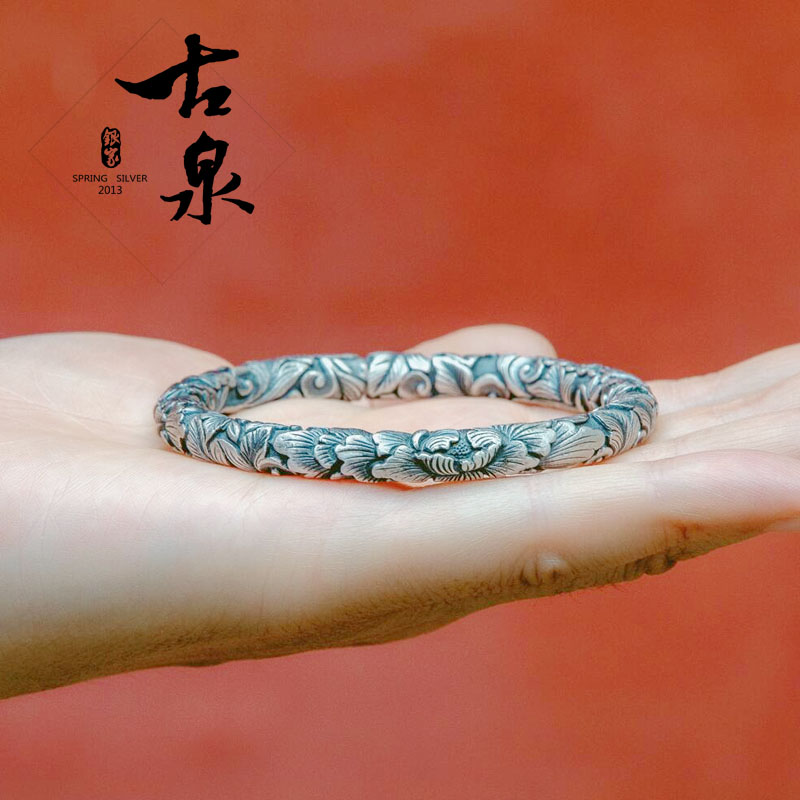 Foot Silver 999 Silver Bracelet Woman Peony Handmade Silver Decorated Yunnan Snowflake Silver Retro National Wind Opening Ancient Method Women's Bracelet