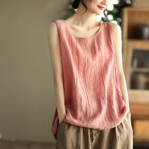 Японский топ с чашечками, тонкая футболка без рукавов, свободный крой, из хлопка и льна