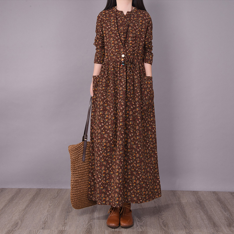 Clearance Sale~ Japanese Vintage Style Ramie Long Dress with Button Closure, Plus Size Long Sleeve Floral Cotton Linen Dress