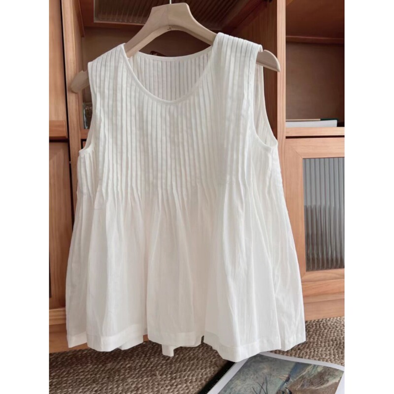 White Linen Sleeveless Shirt Vest for Women, Summer Forest Style, Niche Design, Pleated Round Neck Cotton-Linen Camisole Top