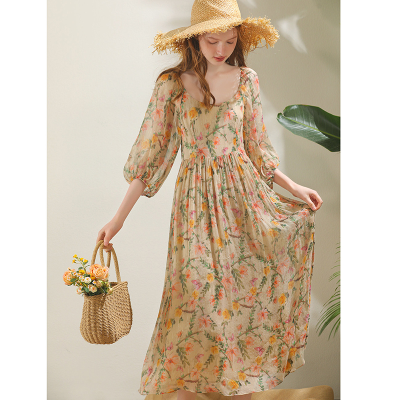 100% Pure Silk Mulberry Silk Elegant Romantic Floral Dress Exported to Europe and America Original Order Ol Palace Style Dress