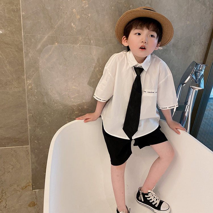 Children's white shirt short-sleeved boys 2021 trendy summer shirt thin section summer white male treasure cotton half-sleeved