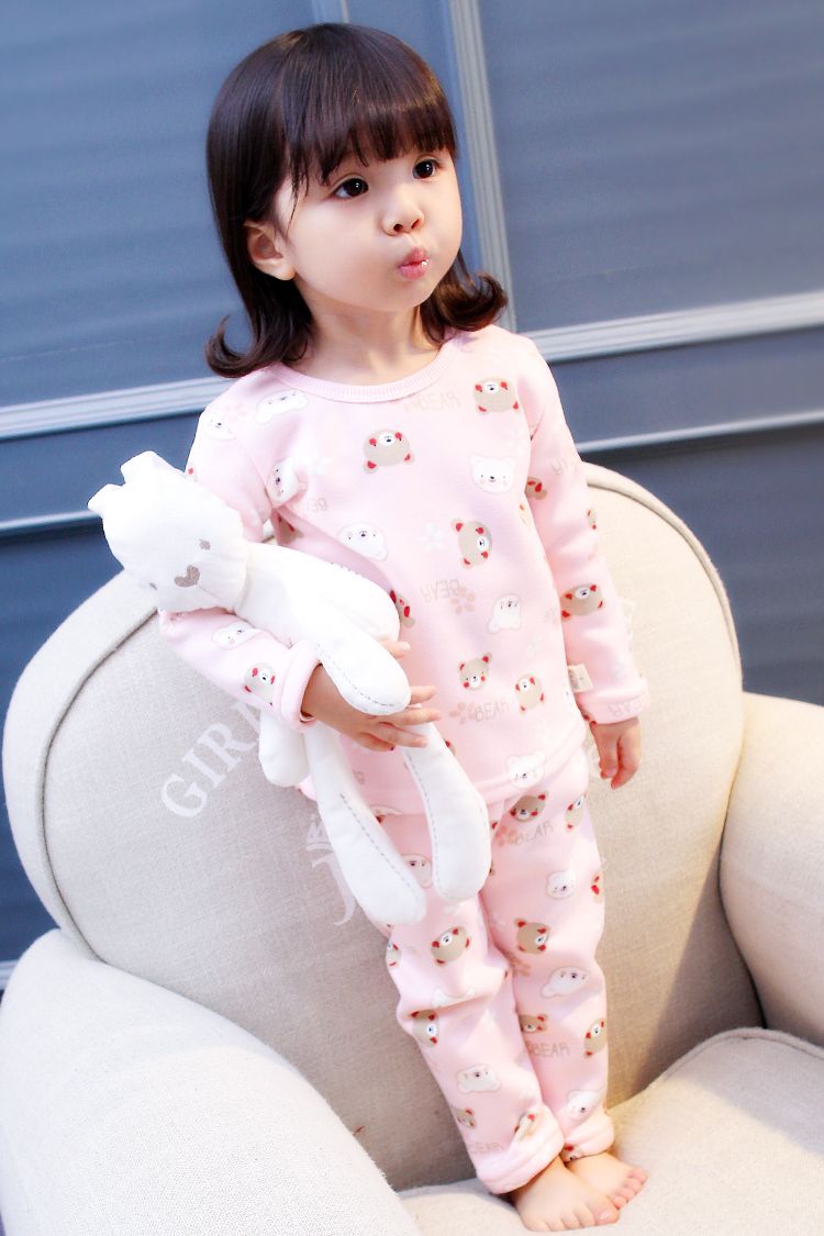 Mùa thu và mùa đông trẻ em cộng với bộ đồ lót nhung dày ấm 1-2-3 tuổi Đồ lót trẻ em nữ hai mảnh quần áo cotton cho bé gái