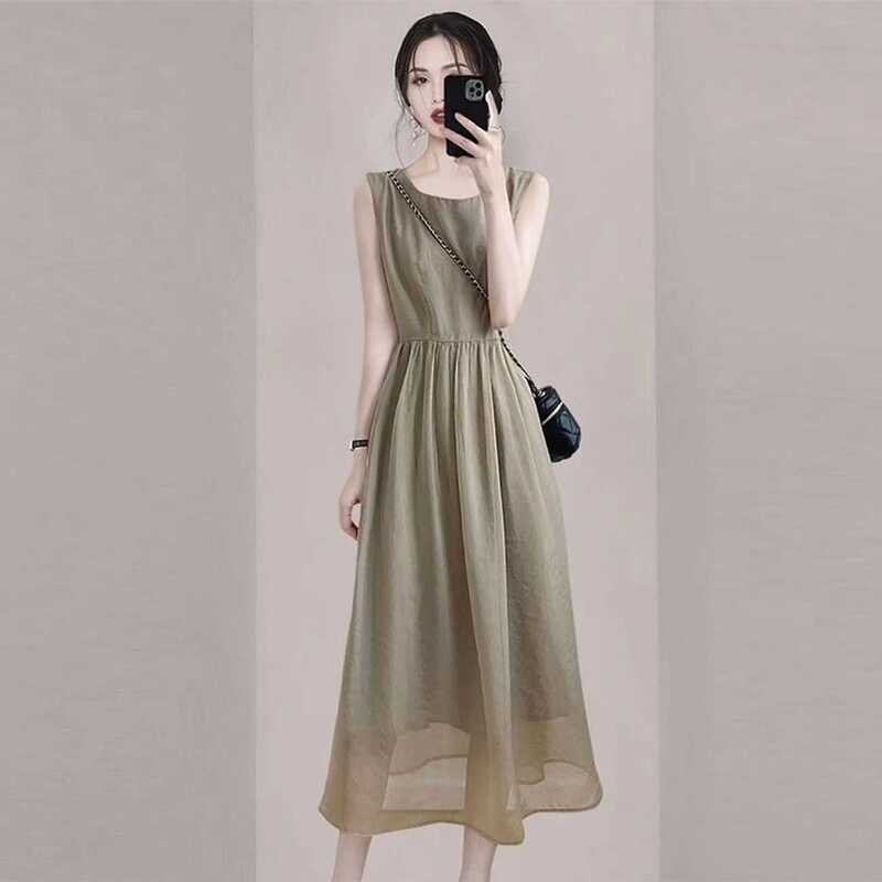 Chiffon Dress for Women, Summer Thin Style, French Style, High-End, Waist-Cinching, Slimming, Mid-Length, Round Neck, Sleeveless Tank Dress