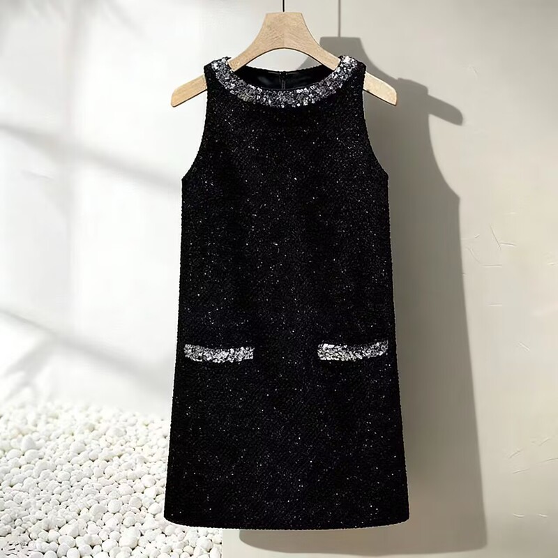 Heavy Sequin Dress with a Rich Lady Style, 2025 Autumn and Winter New Sleeveless Tank Dress, Socialite Chanel-Style Elegant Dress