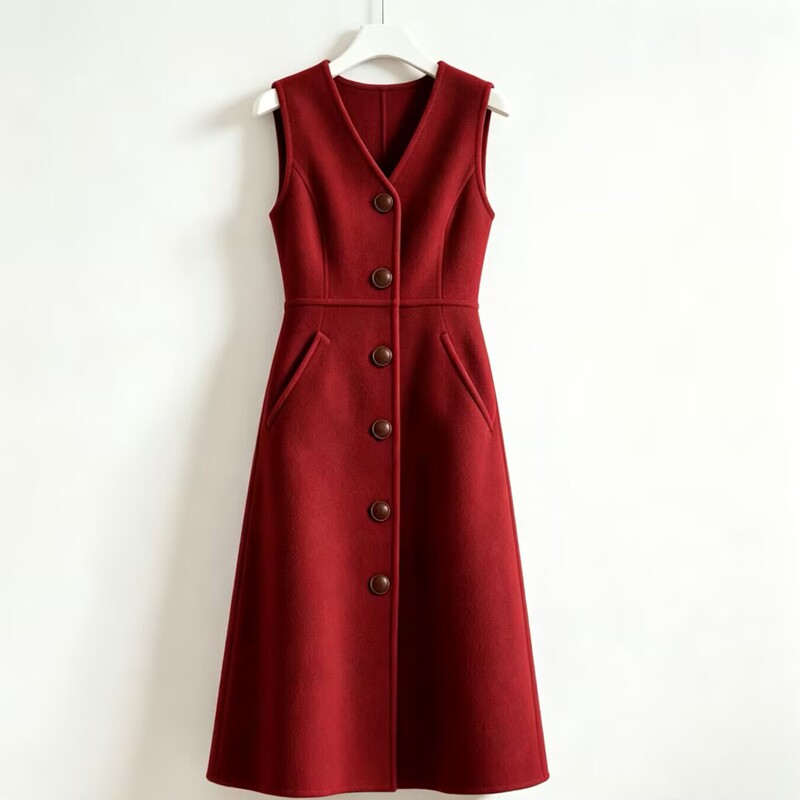 Elegant and Sophisticated French-Style Red V-Neck Sleeveless Dress for Women, New Autumn and Winter Collection, High-End Button-Up Slim-Fit Tank Dress