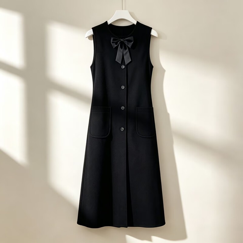 Elegant and Mature Style Sleeveless Black Dress for Women, Autumn and Winter, with Bow Tie and Button-Up, Mid-Length, Slimming Vest Dress