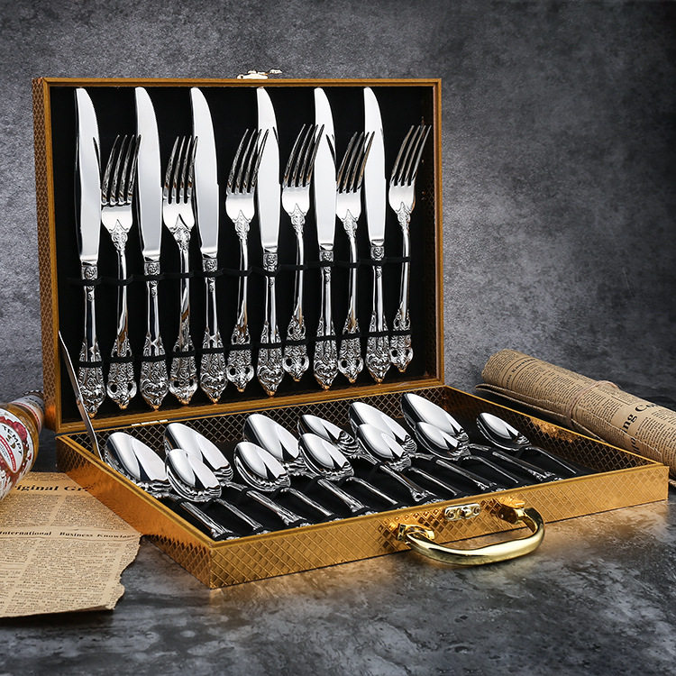 European Palace-Style Western Cutlery Set, Light Luxury and High-End Housewarming Gift, Embossed Stainless Steel Gold Cutlery
