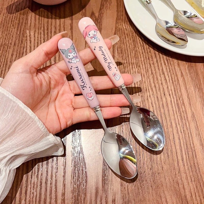 Sanrio Ceramic Handle Spoon 304 Stainless Steel Cartoon Kuromi Children's Noodle Fork Cutlery Set