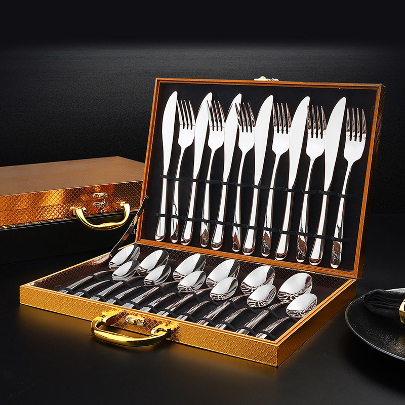 304 Stainless Steel Knife, Fork, and Spoon Set, Light Luxury High-End Gold Knife and Fork Gift Box, High-Value 24-Piece Western Tableware Set