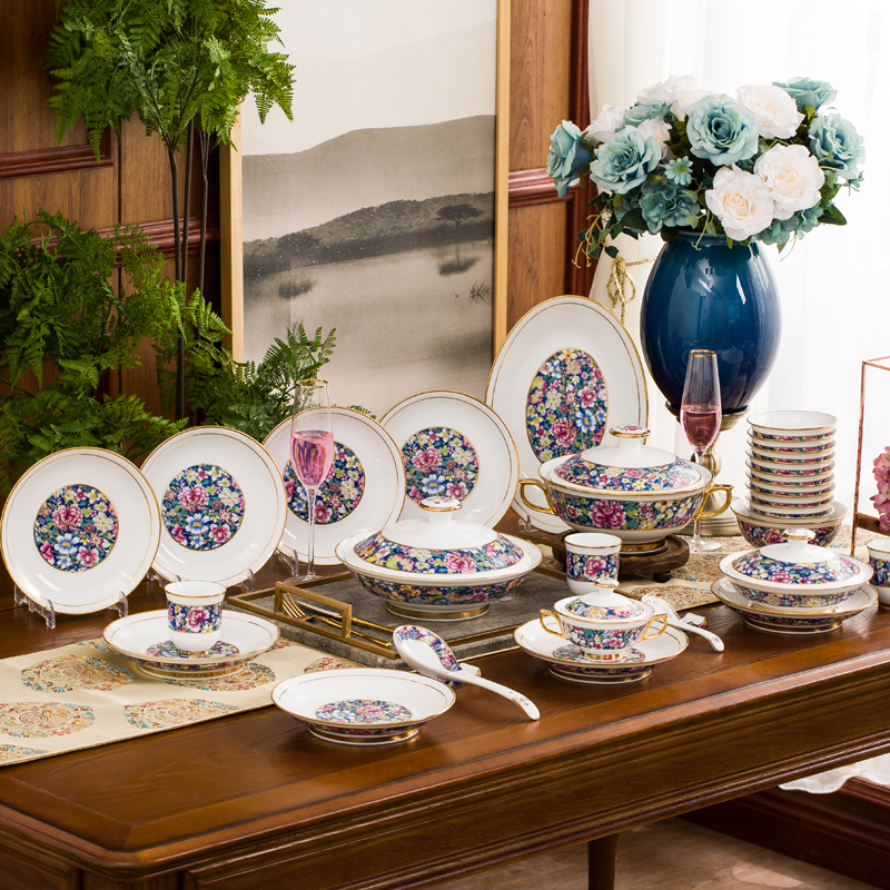 White Jade Porcelain Enamel enamel tableware Jingdezhen High-end Ceramic Ware Tableware Set Group Home Chinese Imitation Ancient Powder Color Sending Gift