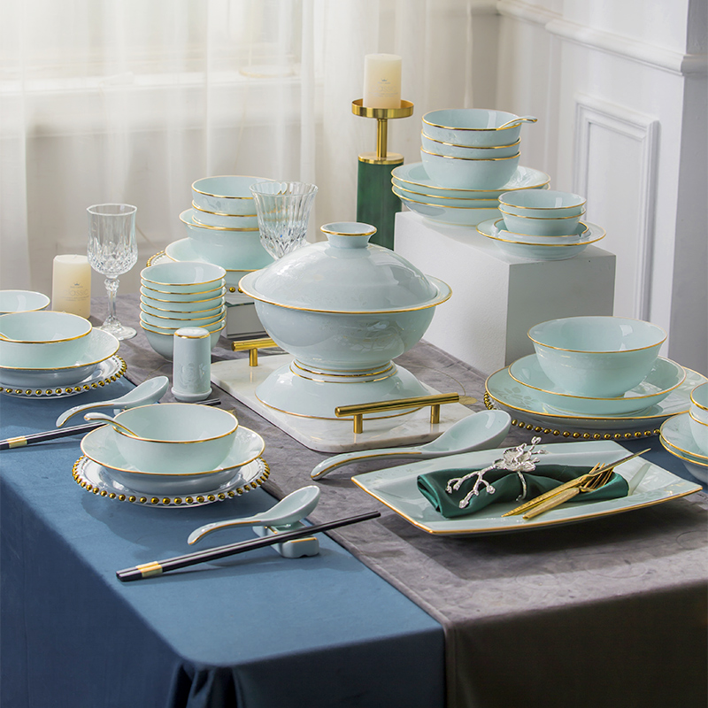 Bean green enamel ceramic high-end tableware set Jingdezhen white porcelain household dishes and dishes combination housewarming wedding gift box