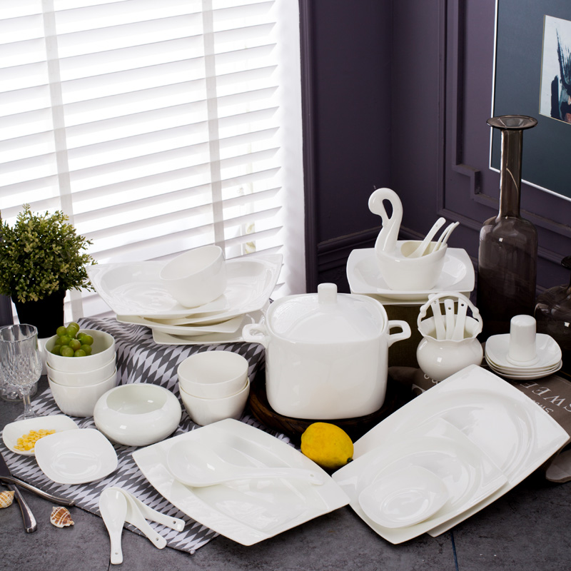 High - end bone ceramic tableware set 60 head shaped Jingdezhen porcelain household simple pure white glaze under color dish set