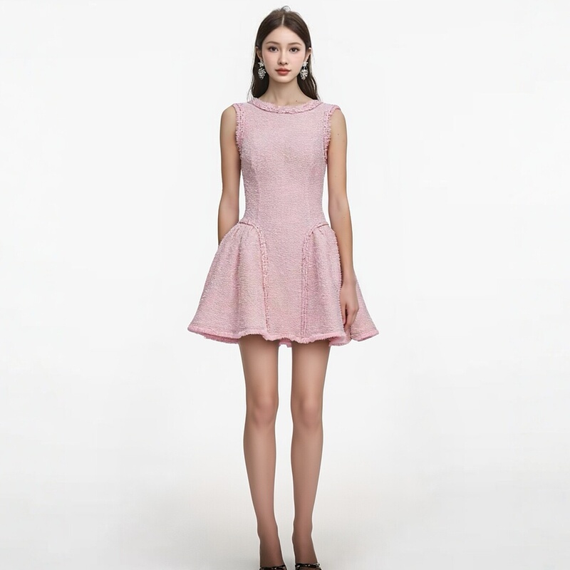 Early Autumn New Tweed Round Neck Sleeveless Puffy Skirt Slim Fit A-Line Dress Women's Sequin Pink Dress Early Autumn New Tweed Round Neck Sleeveless Puffy Skirt Slim Fit A-Line Dress Women's Sequin Pink Dress