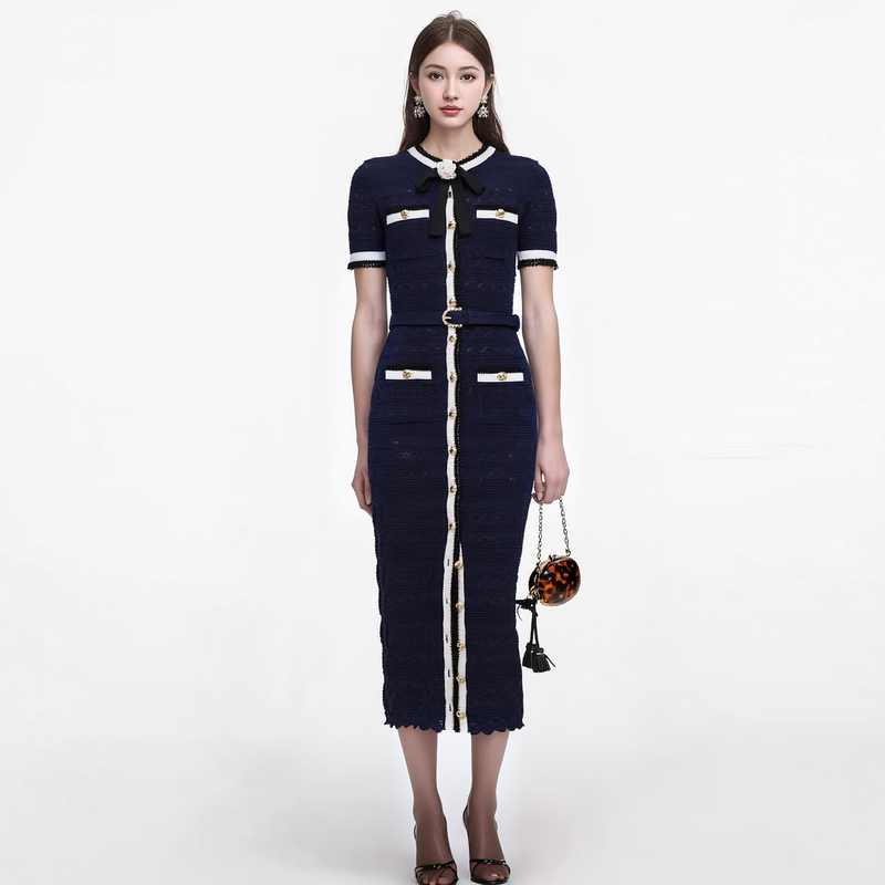Navy Academy Style Bow Tie Color-Blocked Hollow-Out Short-Sleeve Knit Dress for Women, Slim Fit, Bodycon Long Dress