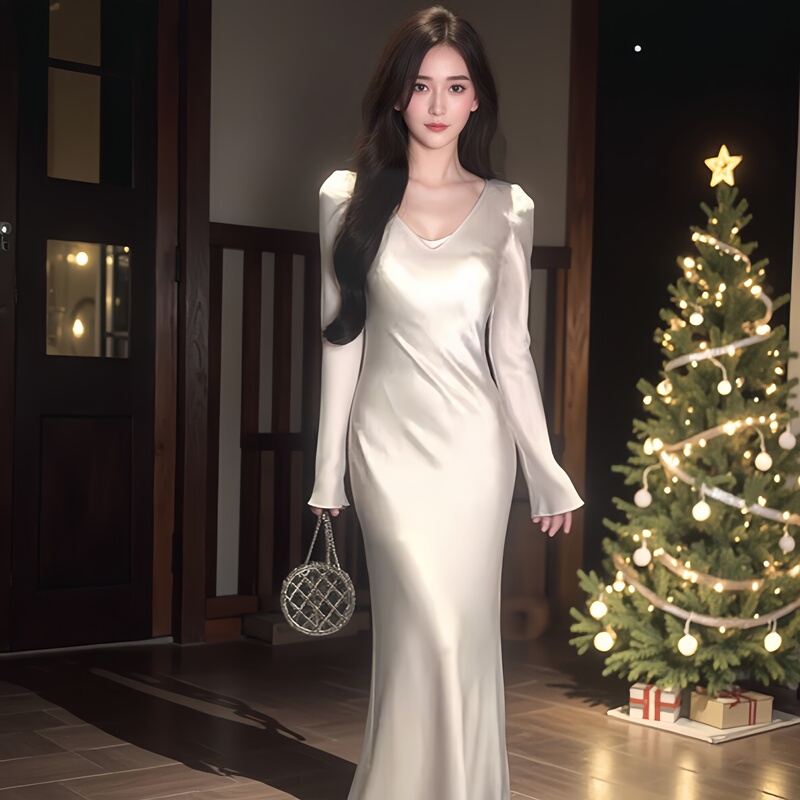 New White Moonlight V-Neck Satin Simple Long-Sleeved Dress Slim Fit Hip-Hugging Long Dress Long Formal Dress