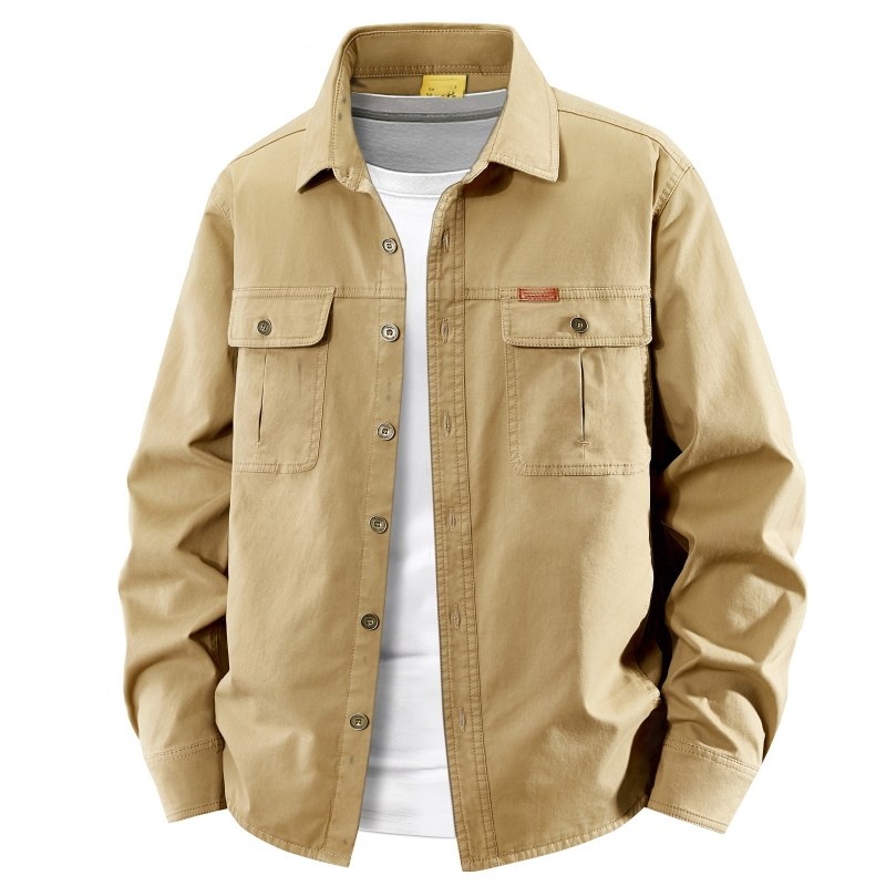 Six-Pocket Pure Cotton Long-Sleeve Shirt for Men, Loose Fit, Outdoor Casual Military Style, Washed Cotton Work Shirt for Spring and Autumn
