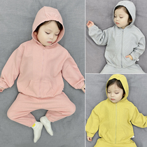 Baby autumn suit two-piece waffle foreign-Air casual loose hooded zipper shirt 1-5 year old childrens suit
