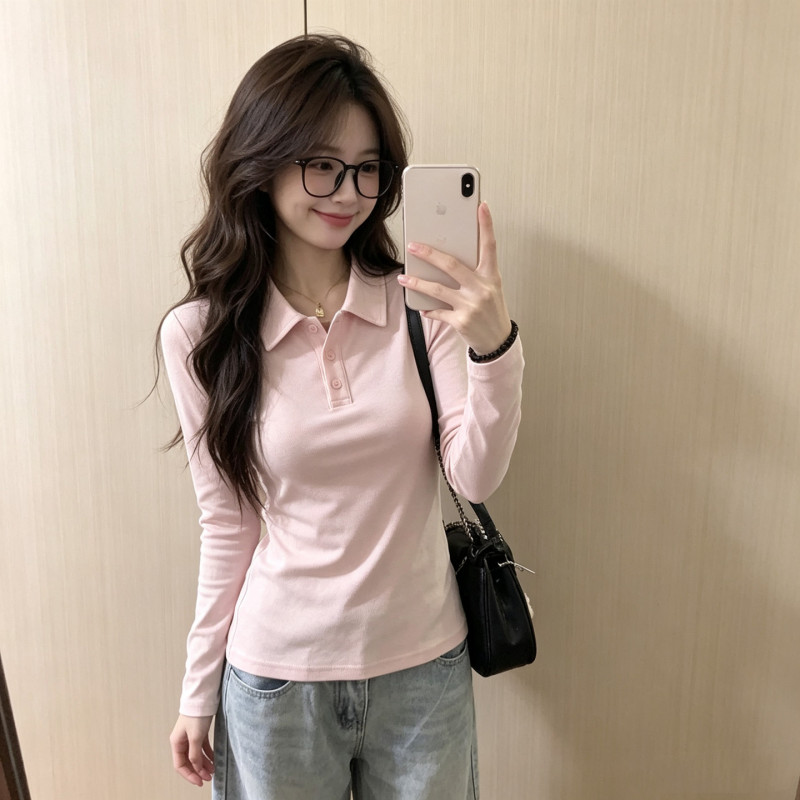 College Style Long-Sleeved Polo Shirt T-Shirt for Women, Autumn 2026 New Pure Cotton Regular Shoulder Slim Fit Korean Design Top College Style Long-Sleeved Polo Shirt T-Shirt for Women, Autumn 2026 New Pure Cotton Regular Shoulder Slim Fit Korean Design Top
