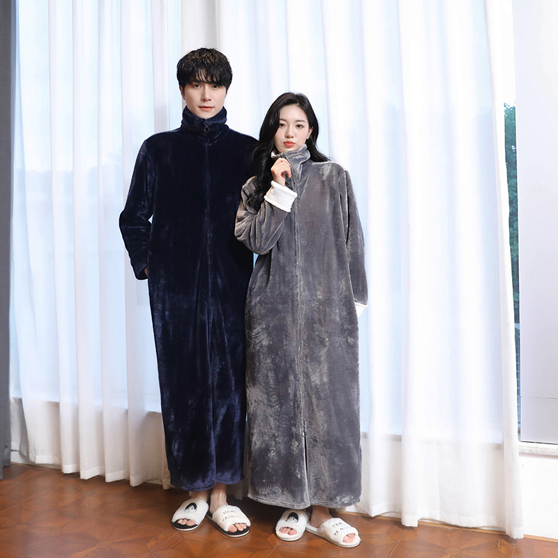 Stand-Up Collar Loungewear, Long Style, Autumn and Winter Flannel, Can Be Worn Outside, Couple's High-Neck Sleep Robe, Zipper, Plus Size, Unisex, Anti-Exposure