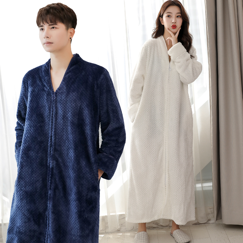 Couple's One-Piece Pajamas, Autumn and Winter Men's Nightgown, Can Be Worn Naked, Large Size Bathrobe, Anti-Exposure, Extra-Long Loungewear, Coral Fleece