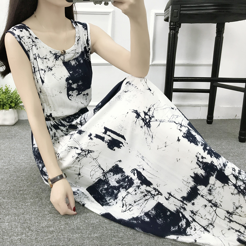 Mùa hè cotton silk dress vest dress hoa nữ bãi biển váy kỳ nghỉ bên bờ biển bohemian cotton silk dress