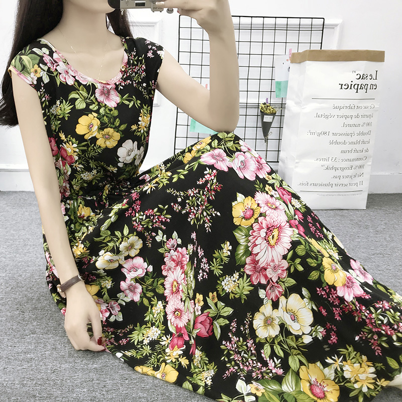 Mùa hè cotton silk dress vest dress hoa nữ bãi biển váy kỳ nghỉ bên bờ biển bohemian cotton silk dress