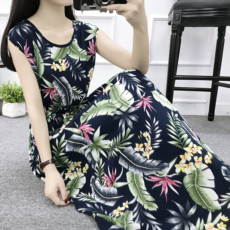 Mùa hè cotton silk dress vest dress hoa nữ bãi biển váy kỳ nghỉ bên bờ biển bohemian cotton silk dress