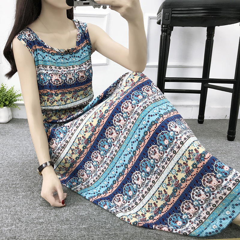 Mùa hè cotton silk dress vest dress hoa nữ bãi biển váy kỳ nghỉ bên bờ biển bohemian cotton silk dress