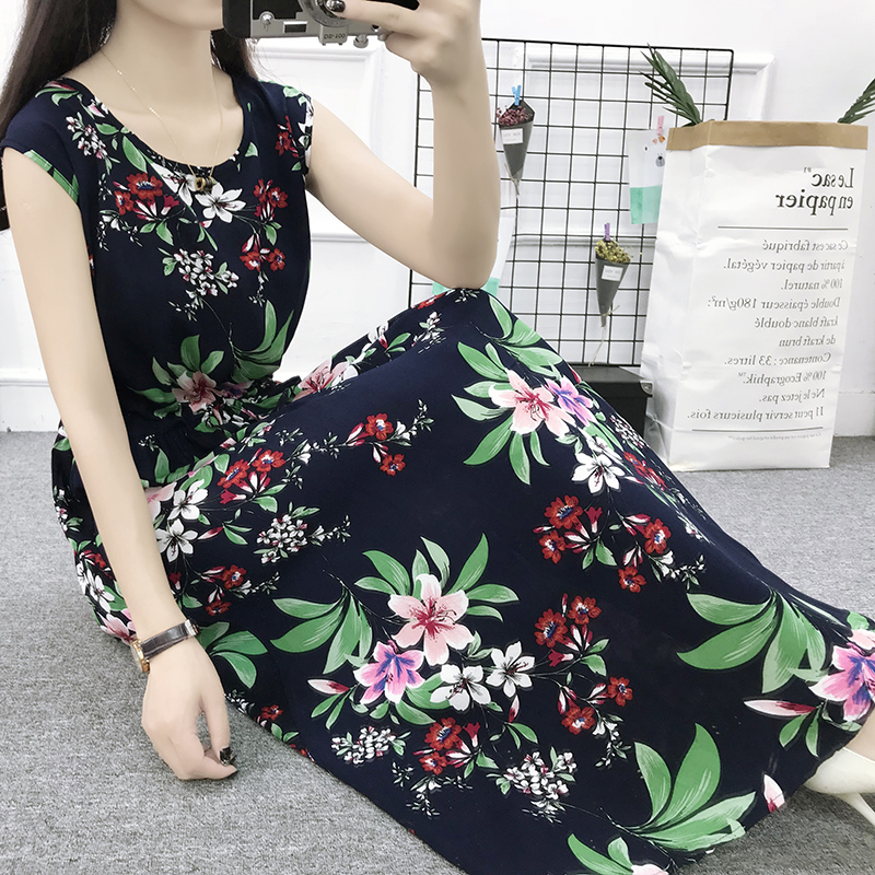 Mùa hè cotton silk dress vest dress hoa nữ bãi biển váy kỳ nghỉ bên bờ biển bohemian cotton silk dress