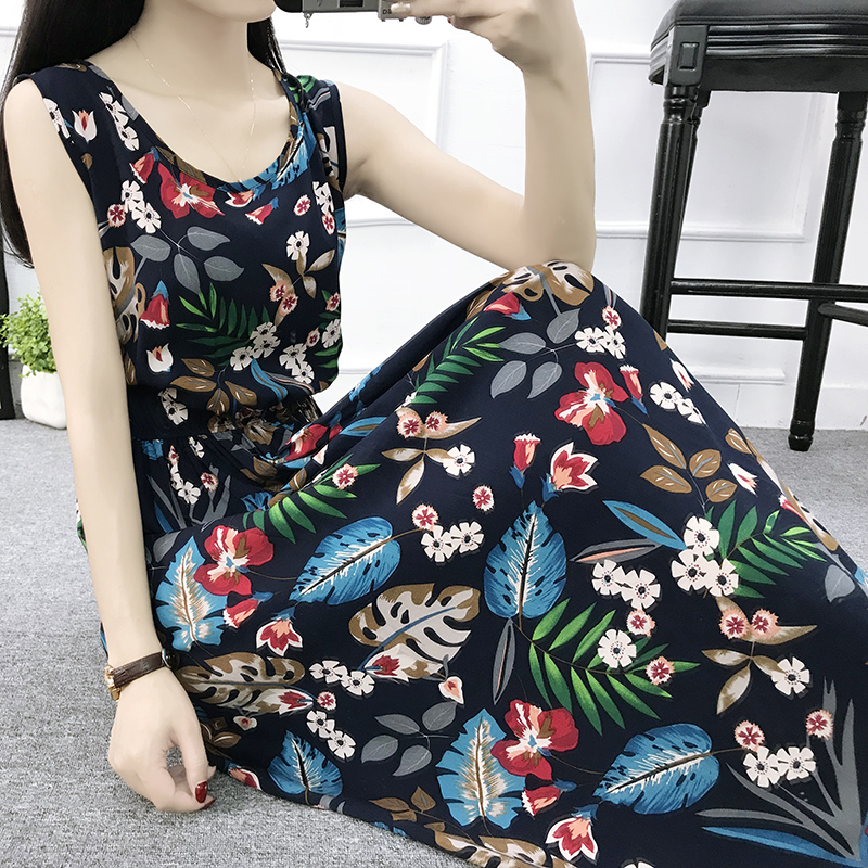 Mùa hè cotton silk dress vest dress hoa nữ bãi biển váy kỳ nghỉ bên bờ biển bohemian cotton silk dress