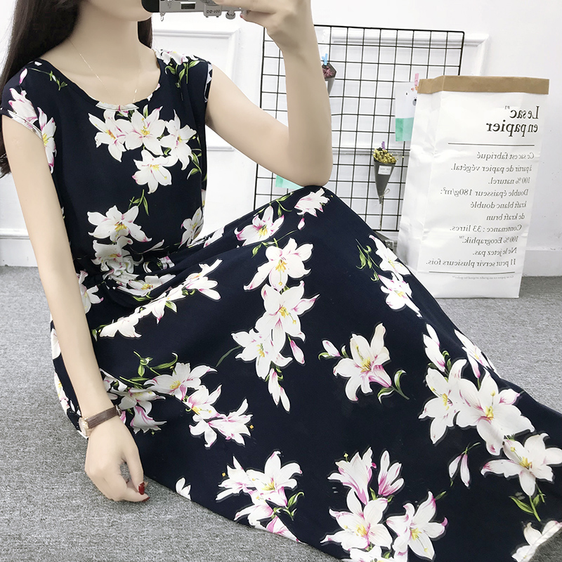 Mùa hè cotton silk dress vest dress hoa nữ bãi biển váy kỳ nghỉ bên bờ biển bohemian cotton silk dress