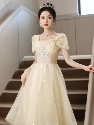 Champagne-colored evening dress 2024 new style for coming-of-age ceremony, small birthday party, light luxury, niche and high-end art examination dress